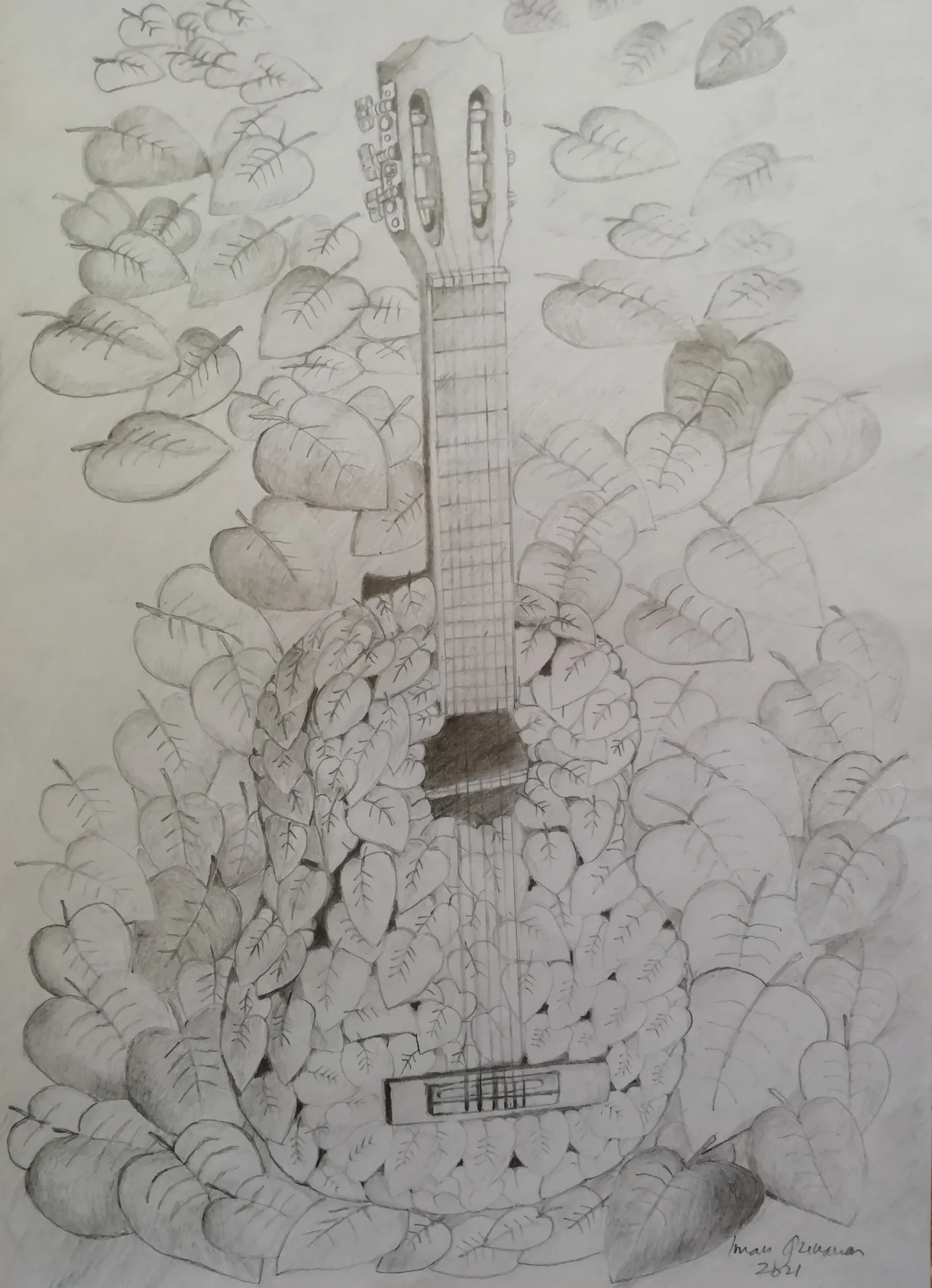 Gitar tegak dikelilingi bentuk halus menyerupai daun dan kelopak dalam Sendu.