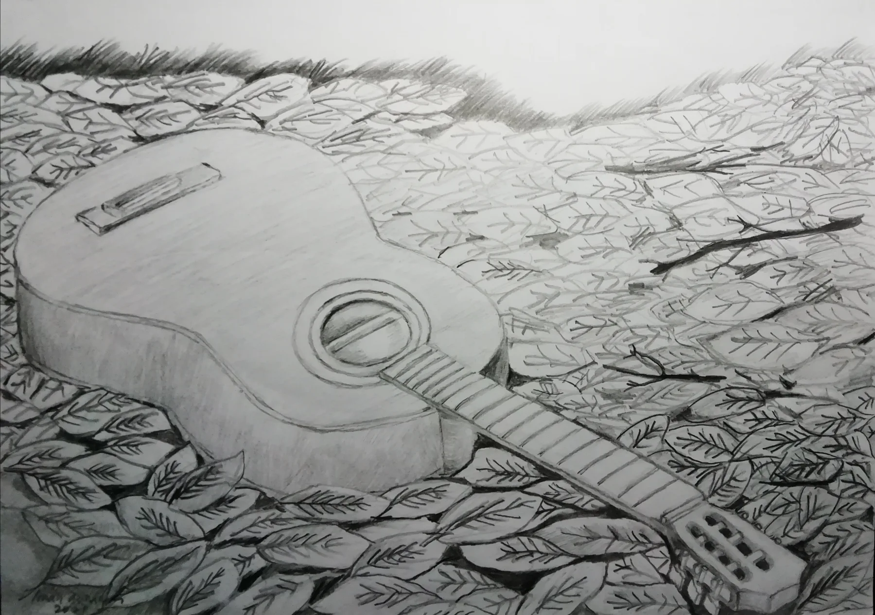 Gitar akustik terbaring di atas tanah bertekstur dalam Tanpa Suara.